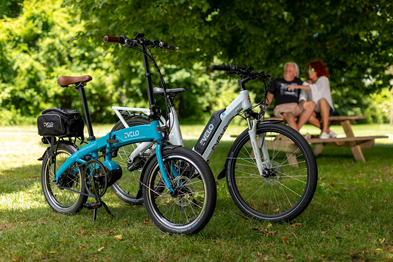 about-us Electric bikes parked in a green park with a couple enjoying a picnic.